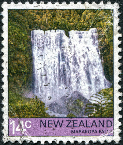 Postage stamps printed in New Zealand, shows Marokopa Falls, circa 1976, New Zealand