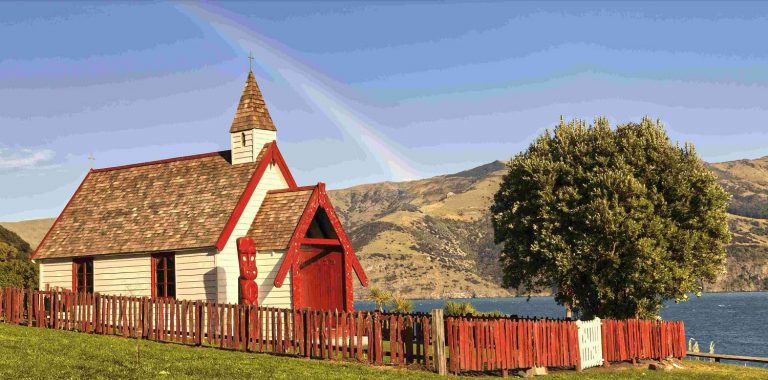 Ōnuku, with a historic church meeting house, Akaroa, New Zealand