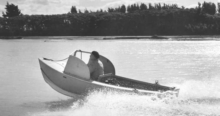 Sir Hamilton and his first jet boat (1958), New Zealand @ipenz