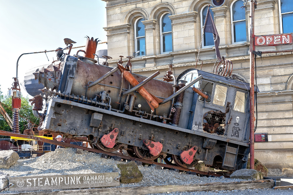 Tourist attraction vintage locomotive on display at Steampunk Museum in Oamaru, New Zealand
