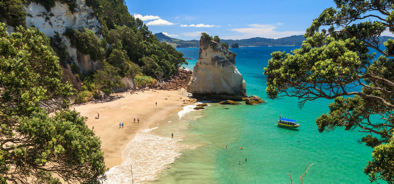 Summer Landscape with Blue Sky on the Pacific Sea Coast, Cathedral Cove, Coromandel Peninsula, North Island, New Zealand