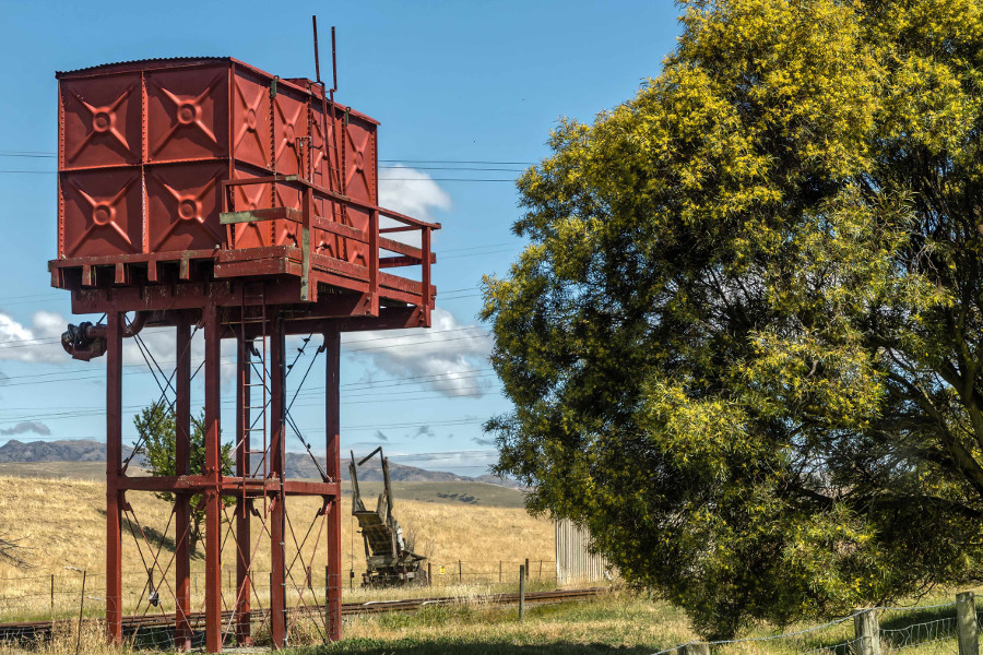 Water supply tank for steam engines at the Glenmark Station of the Weka Pass Railway, New Zealand