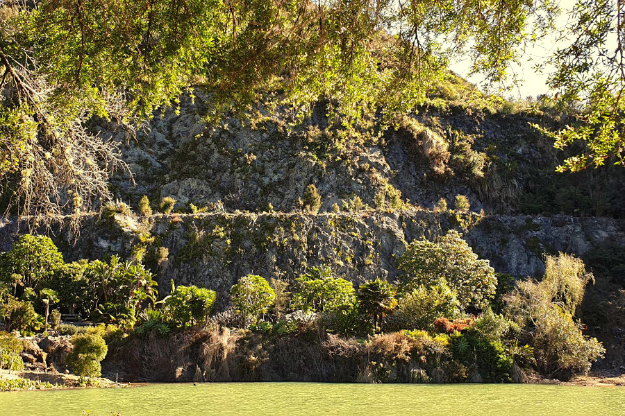 Whangarei Quarry Garden quarry walls effective statement of past life, New Zealand