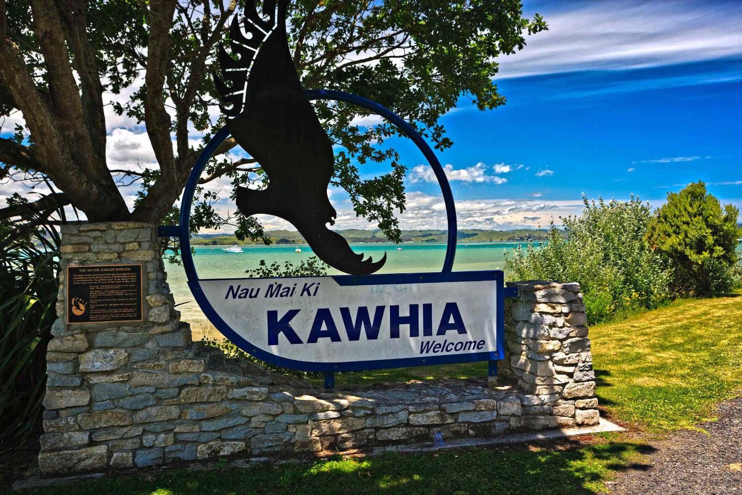 Kawhia Harbour signage, Waikato, North Island, New Zealand.