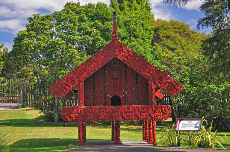 Maori storehouse, Rotowhio Marae, Te Puia, New Zealand Maori Arts and Crafts Institute, Rotorua, NZ