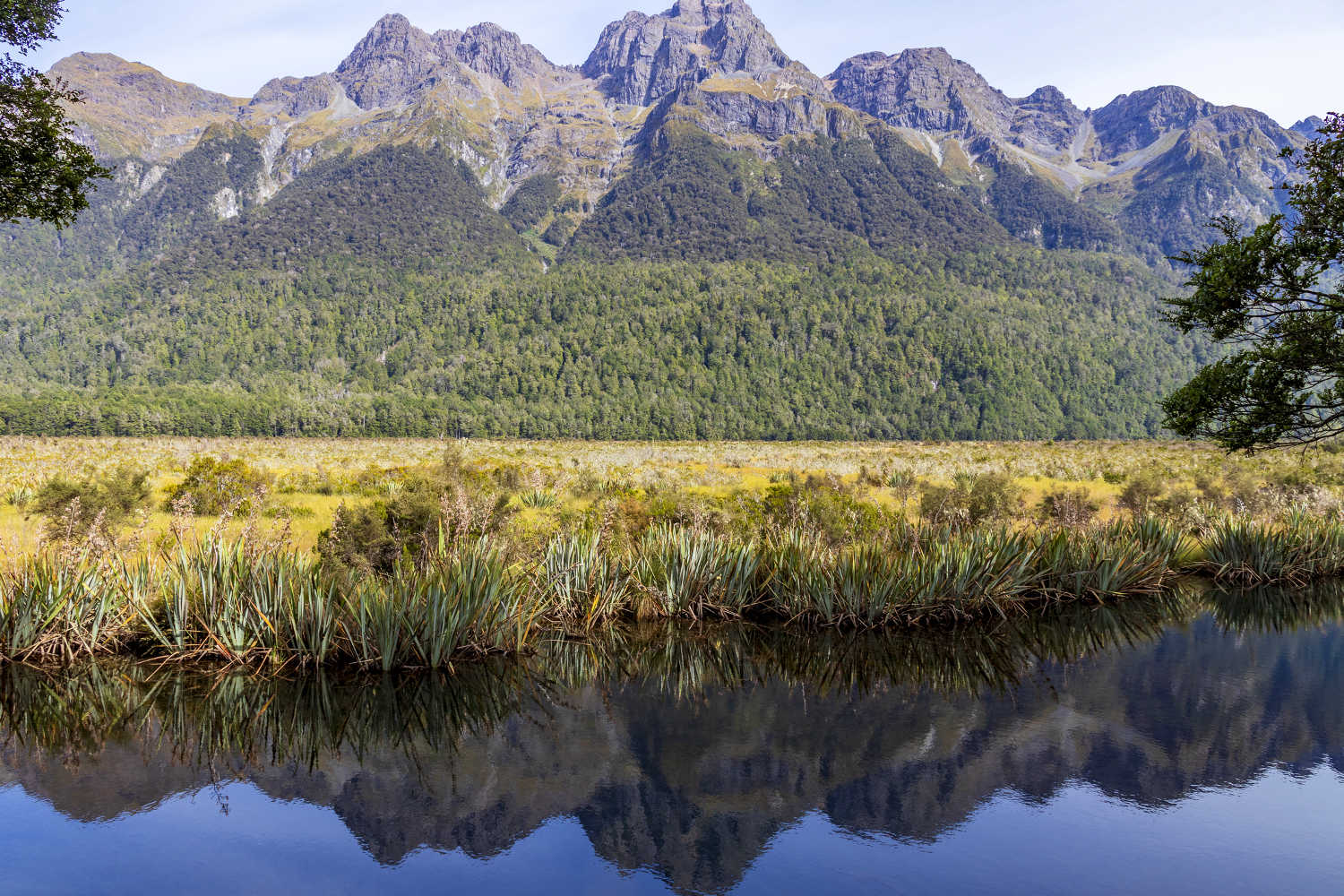 Mirror lake at Eglinton valley in New Zealand