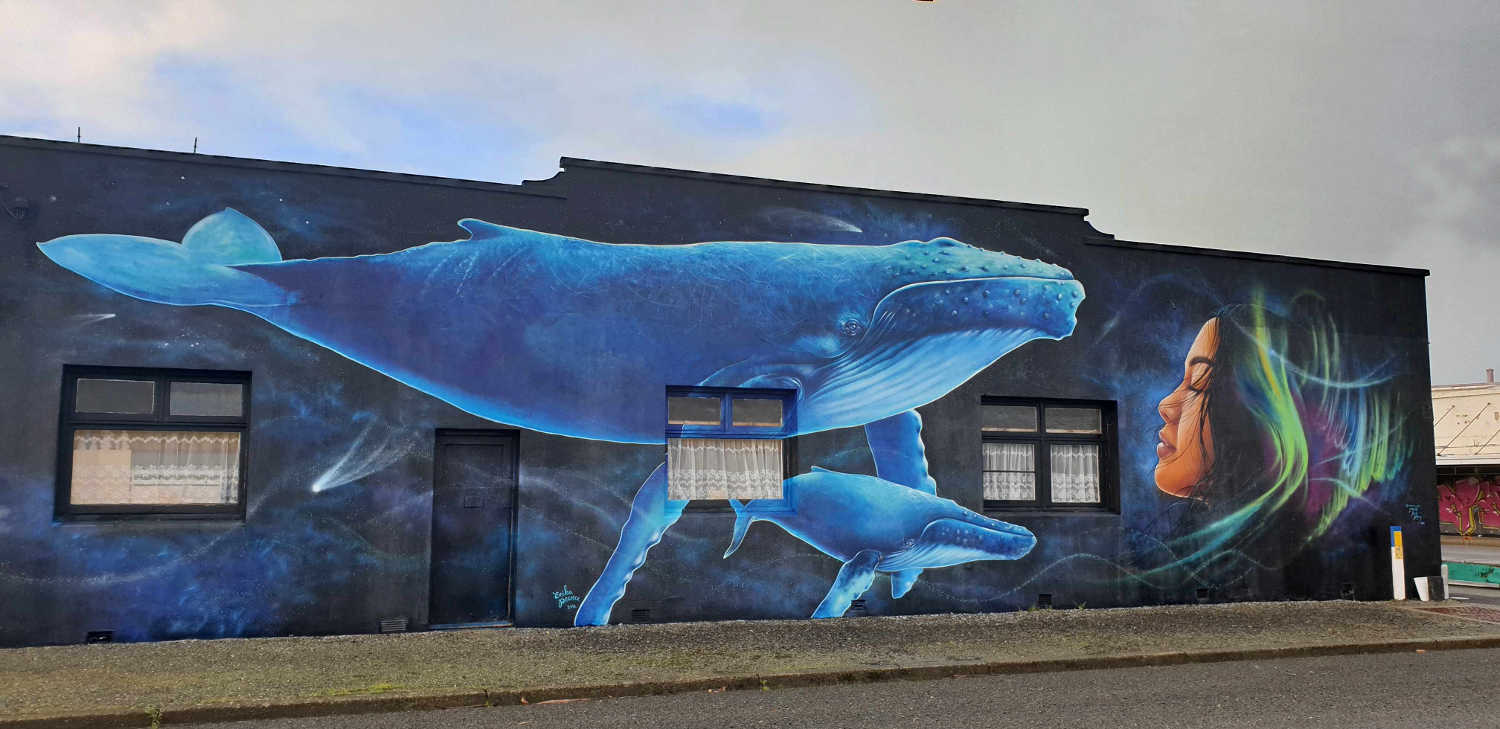 Riverton street art whale mural, New Zealand