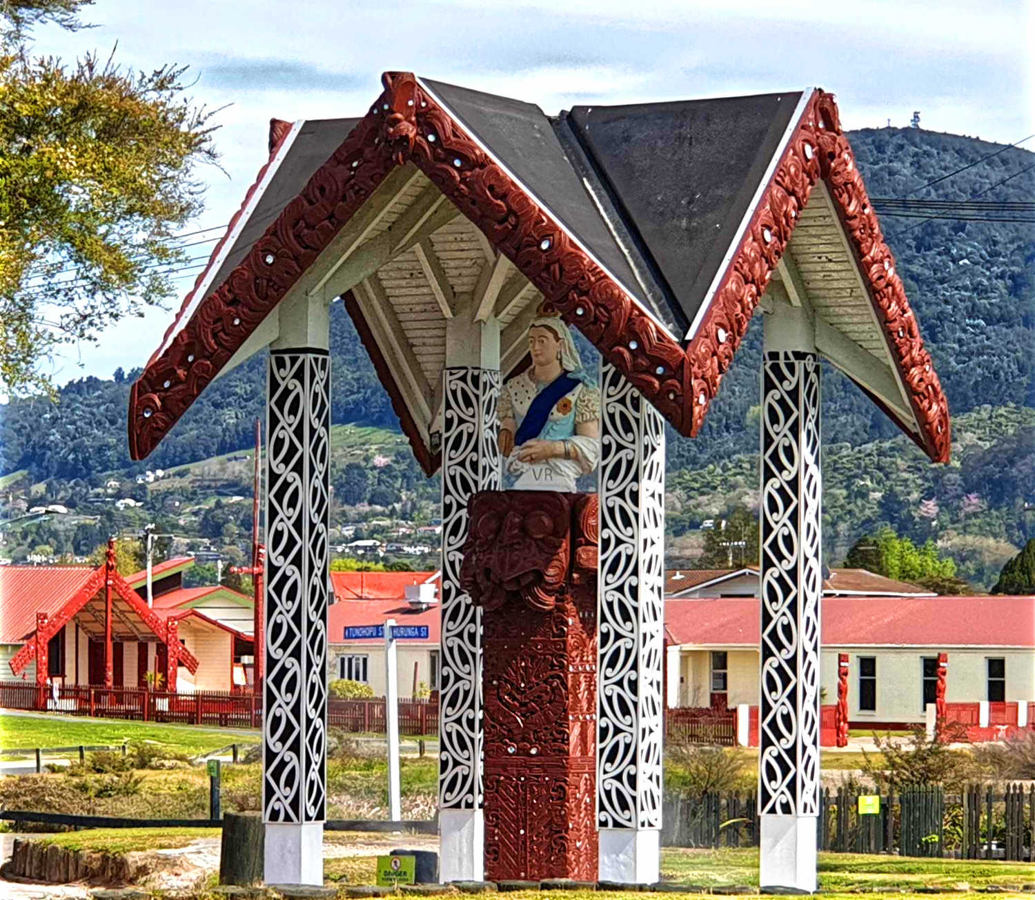 Rotorua QV in foreground with Marae background, historic layers, New Zealand