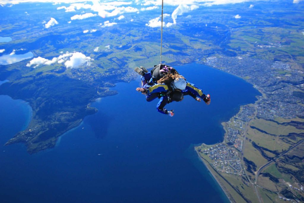 Tandem skydiving over Lake Taupo, North Island, New Zealand