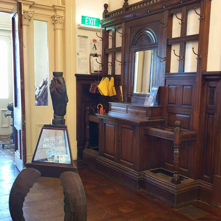 Terry Stringer donation box to support the arts, entrance hall Pah Homestead, Auckland, NZ
