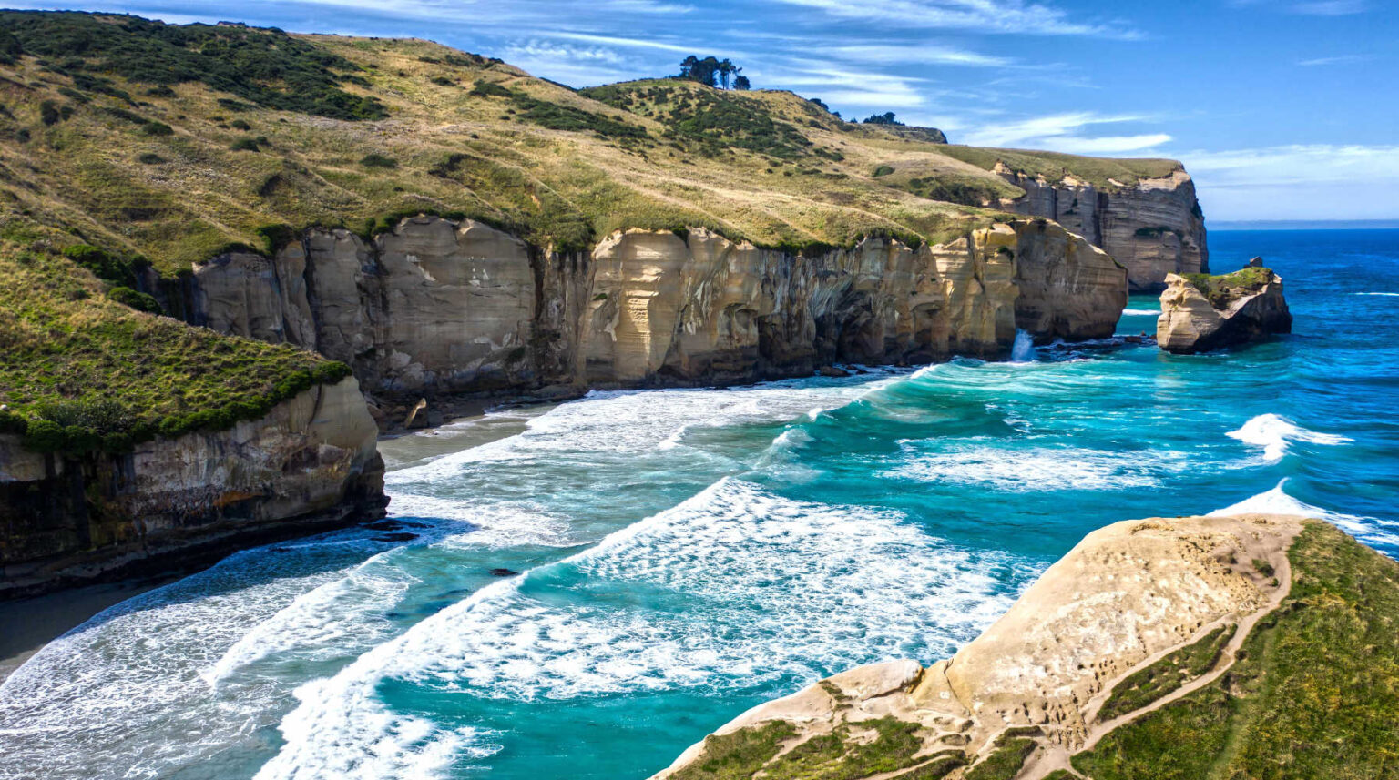 Cliff formations at Tunnel Beach, Dunedin, Otago, New Zealand