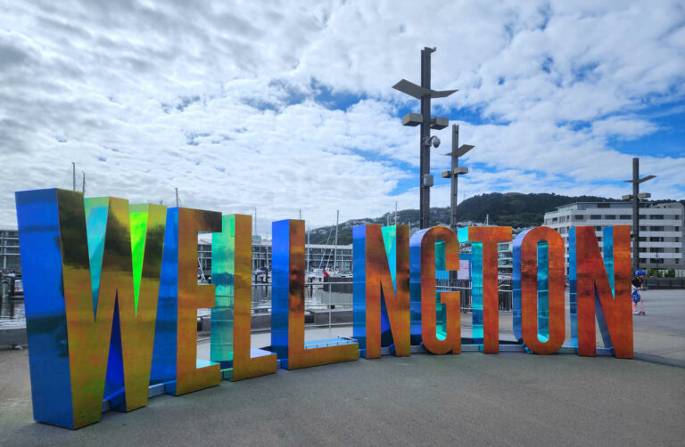 Wellington popular selfie location on waterfront, North Island, New Zealand, NZ