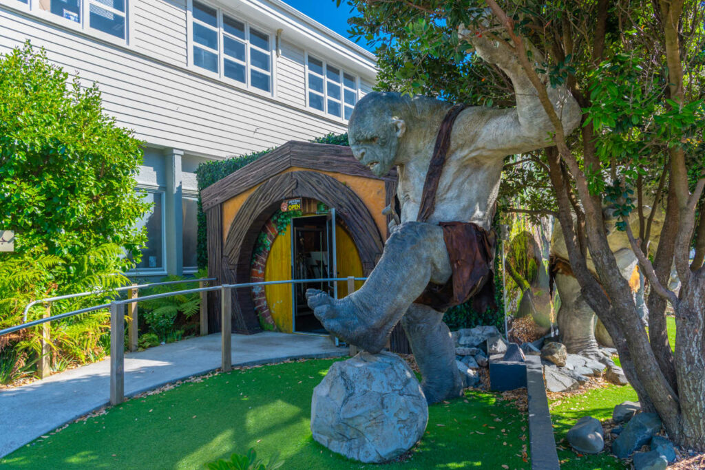 Weta Studios fantasy figure greets visitors, Wellington, New Zealand