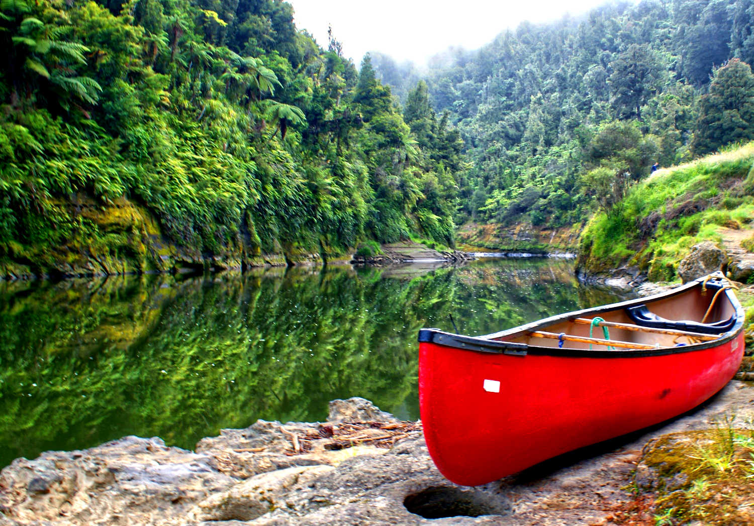 An early morning photo of a canoe on the bank of the Whanganui river, New Zealand