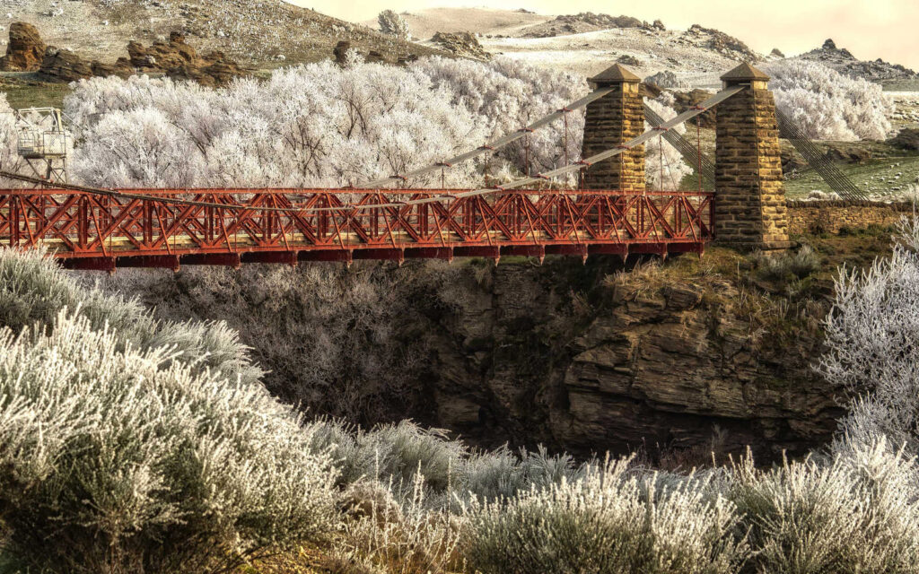 Winter hoar frost, Ida Valley Ophir suspension bridge, New Zealand