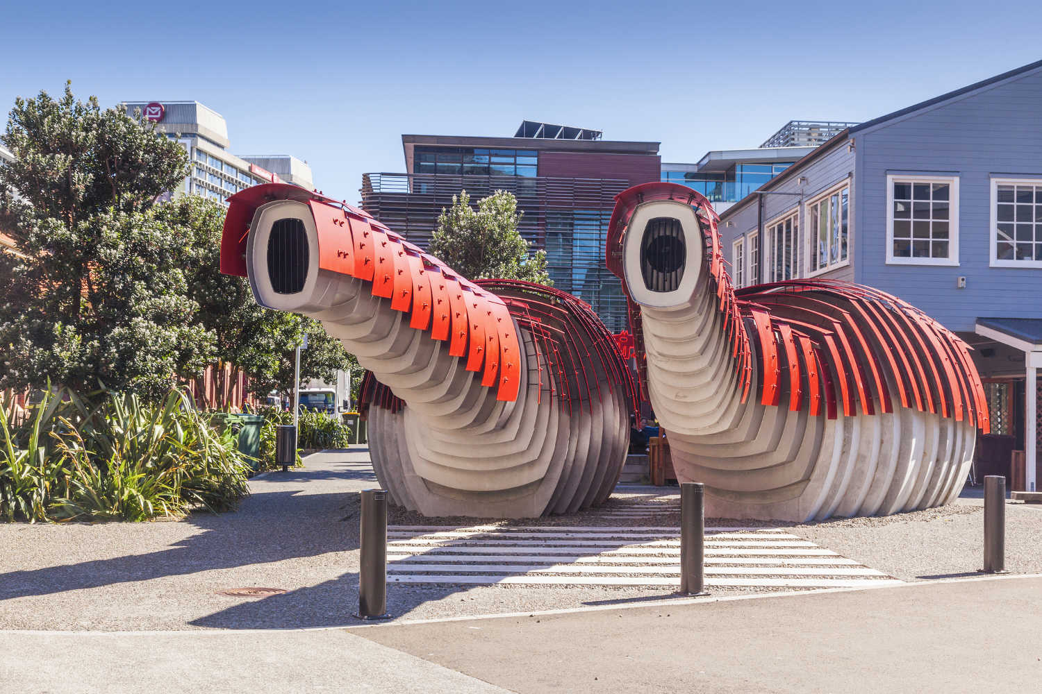 Lobster Toilets in the Kumutoto public space on Queen`s Wharf, Wellington Waterfront, New Zealand