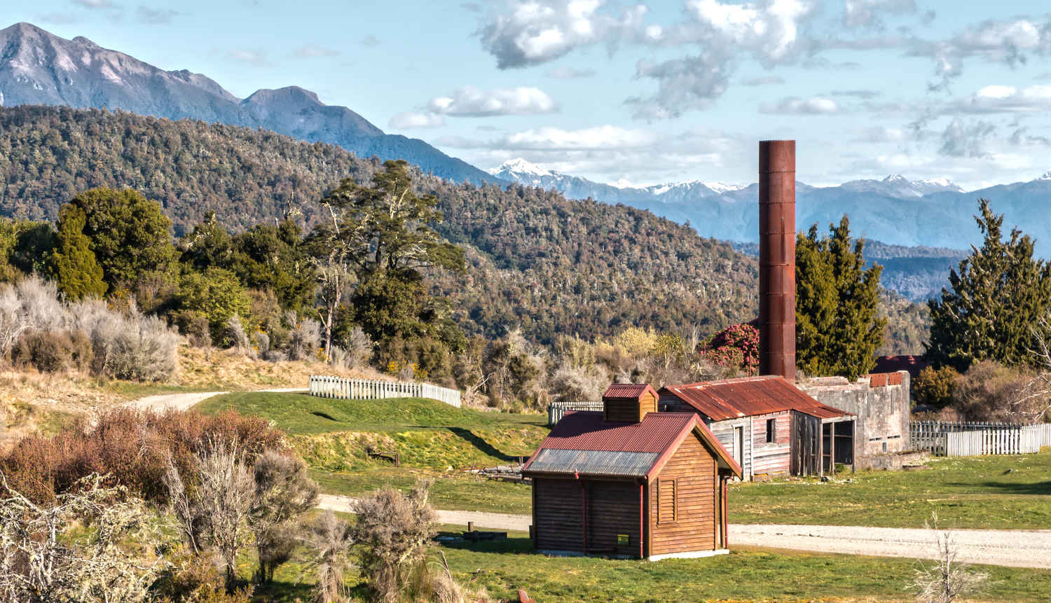 Blackwater Mine chimney and winding engine foundations at Waiuta, West Coast, South Island, New Zealand