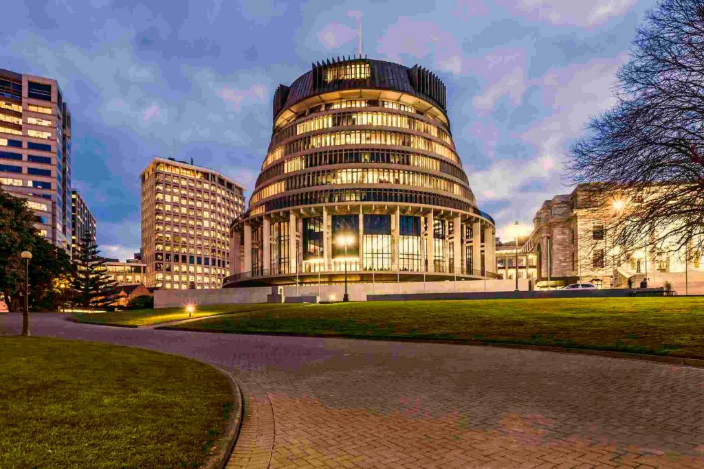 The Beehive, New Zealand's Parliament building, at twilight, Wellington, New Zealand