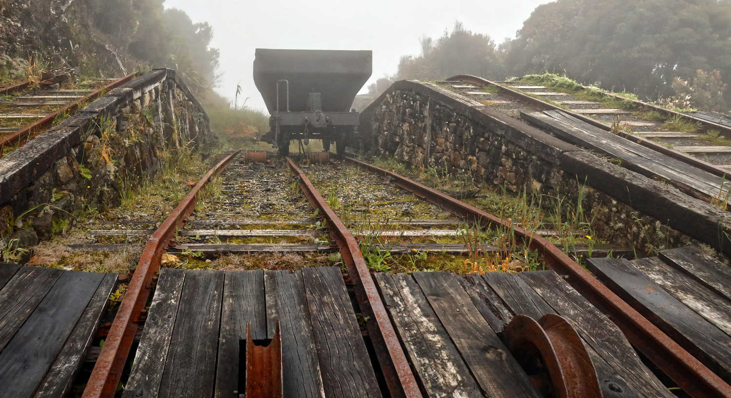 Denniston incline with coal bucket and misty conditions, West Coast, NZ