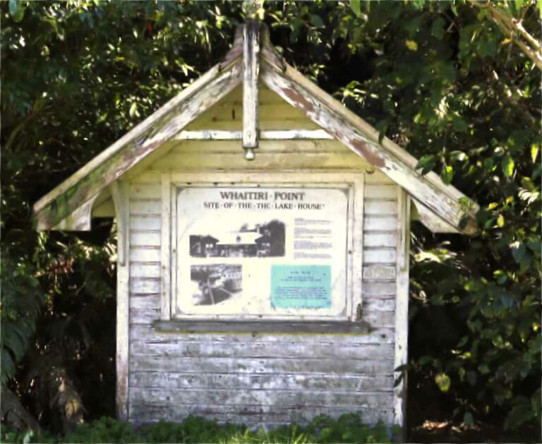 Disappeared Lake House hotel, now a plaque at Lake Waikarimoana LakeHouse site, overgrown loop track