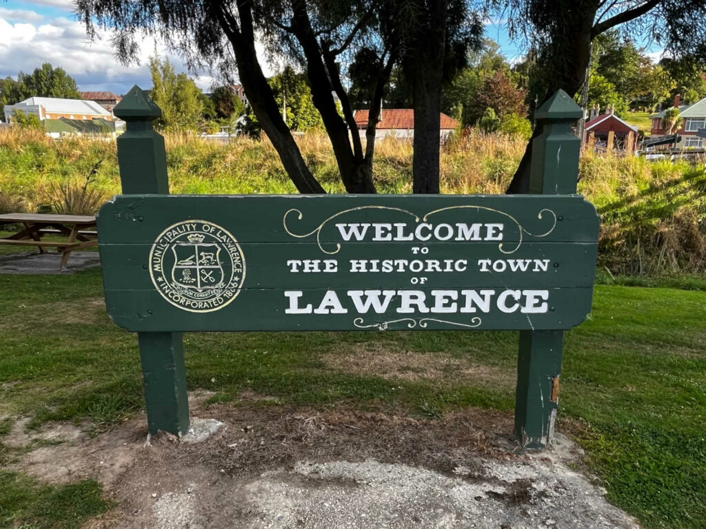 Lawrence town welcome sign, Otago, New Zealand
