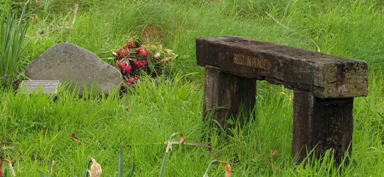 Memorials decaying flowers, rustic seat, Waipukarau North Island Pukeora Forest of Memories