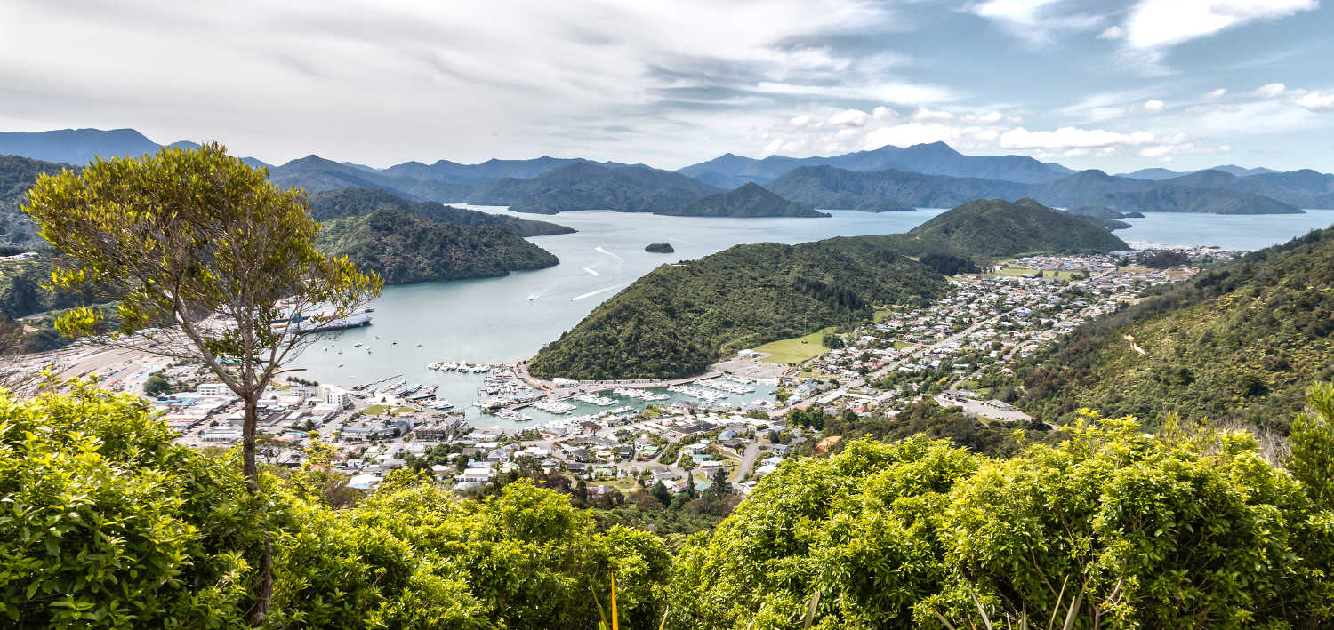aerial view of Picton town and Marlborough Sounds in New Zealand
