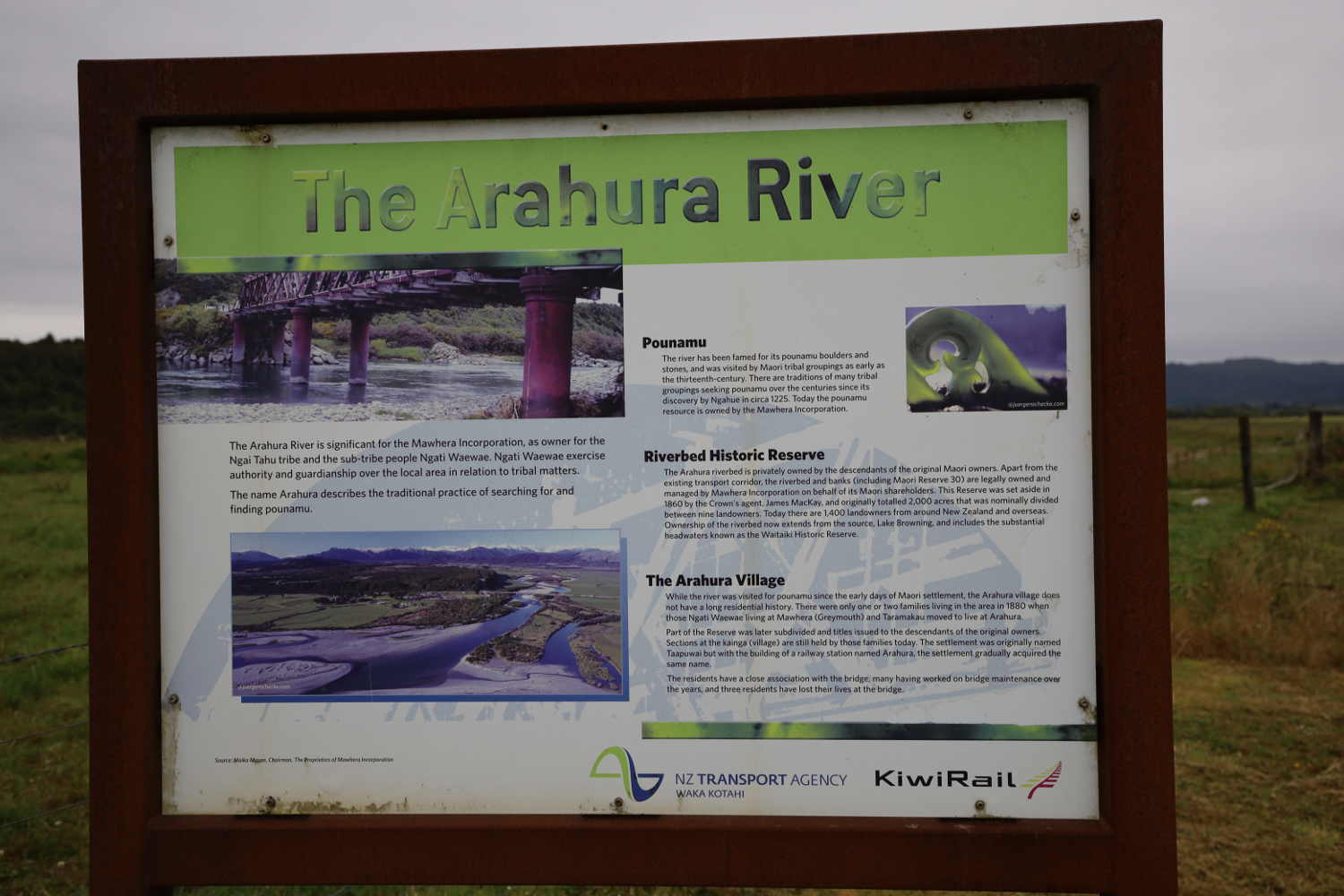 The Arahura river information plaque, New Zealand