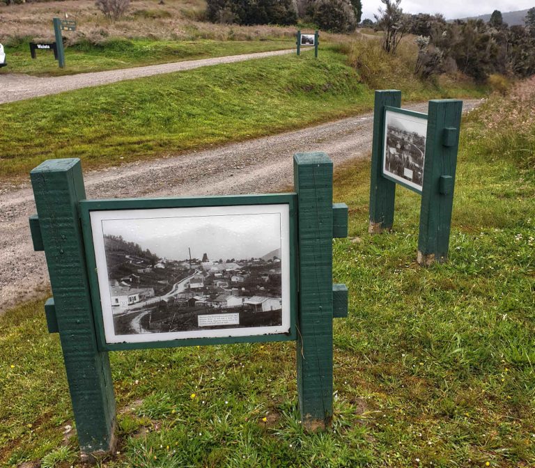 Waiuta photos placed in situa representing former buildings and activity, West Coast, New Zealand