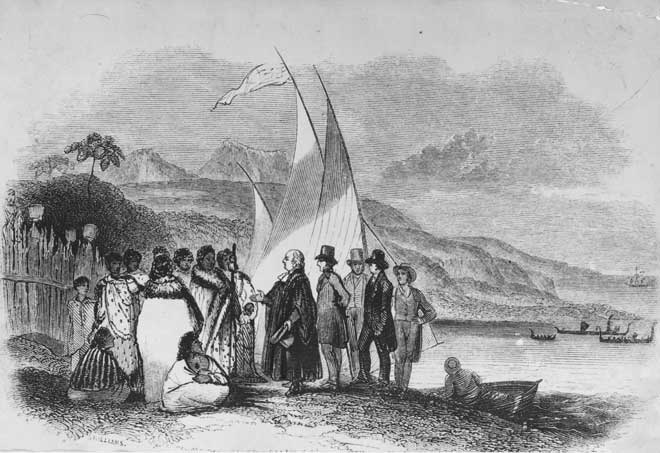 Missionary Samuel Marsden meets Ruatara's whānau at his pā at Rangihoua in the Bay of Islands in 1814. @Alexander Turnbull Library