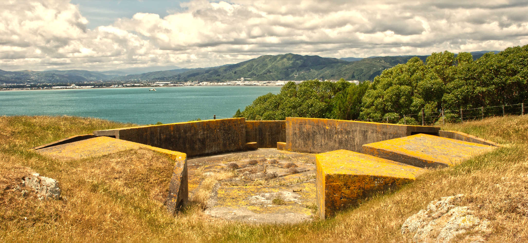 Anti-aircraft gun emplacements on Matiu / Somes Island, over looking Wellington harbour on a beautiful day, Wellington, New Zealand