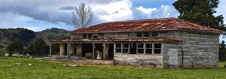 Abandoned workshop & washing machine and honey hives in nearby field, nearby Kaitaia, Northland, NZ