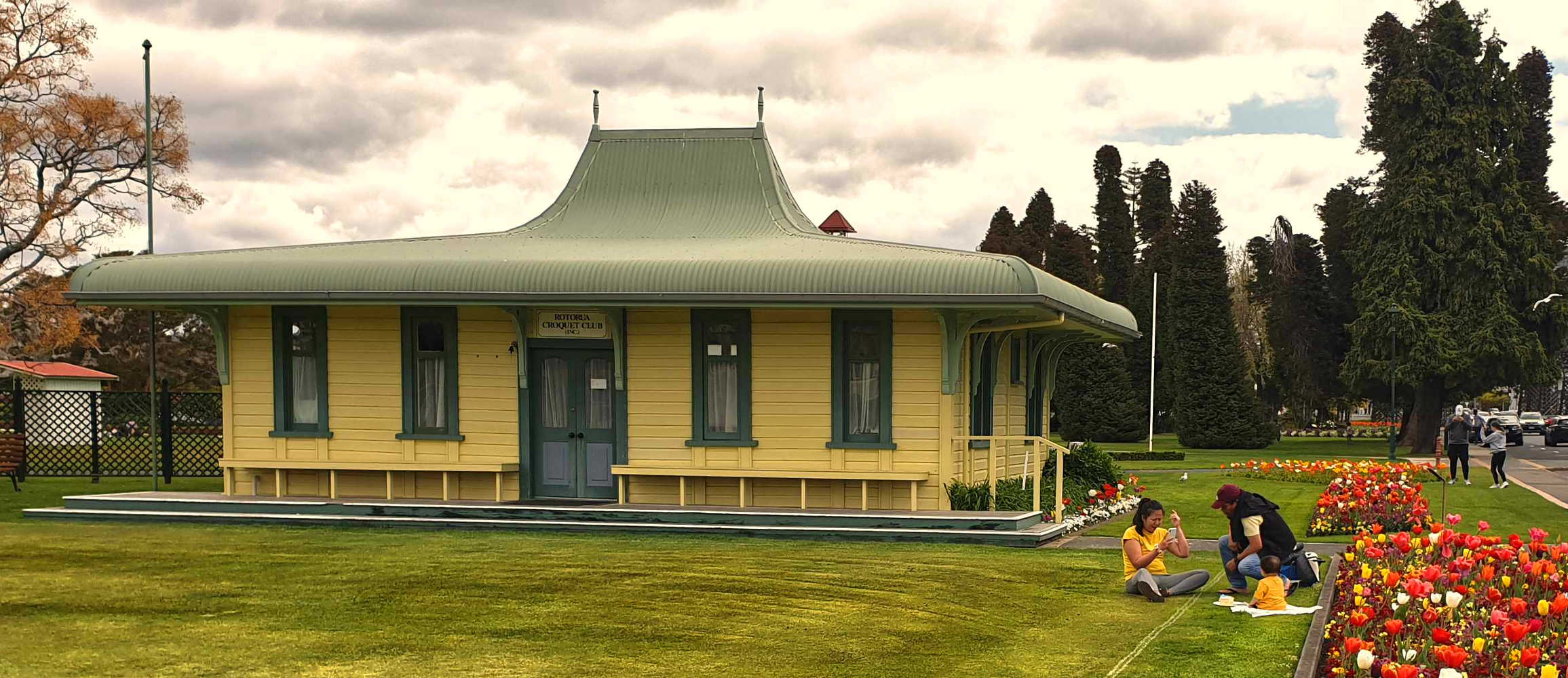 Government House Croquet House complete with baby selfie and tulips, Rotorua, New Zealand