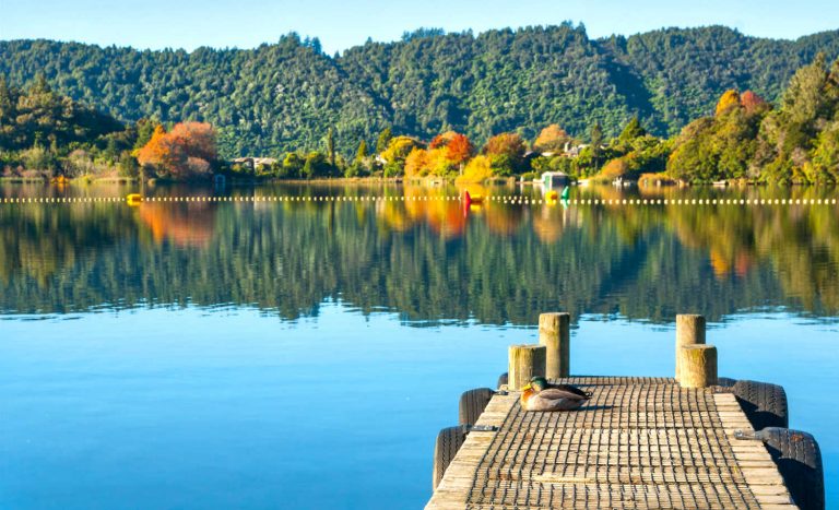 Lake Tarawera view from jetty across lake to autumn colors and surrounding tree clad hills, New Zealand