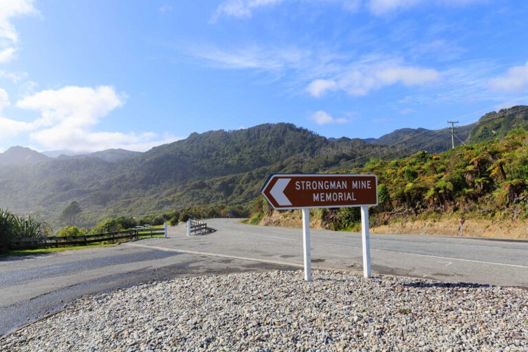 Strongman Mine Memorial Sign in Paparoa National Park, West Coast, South Island of New Zealand