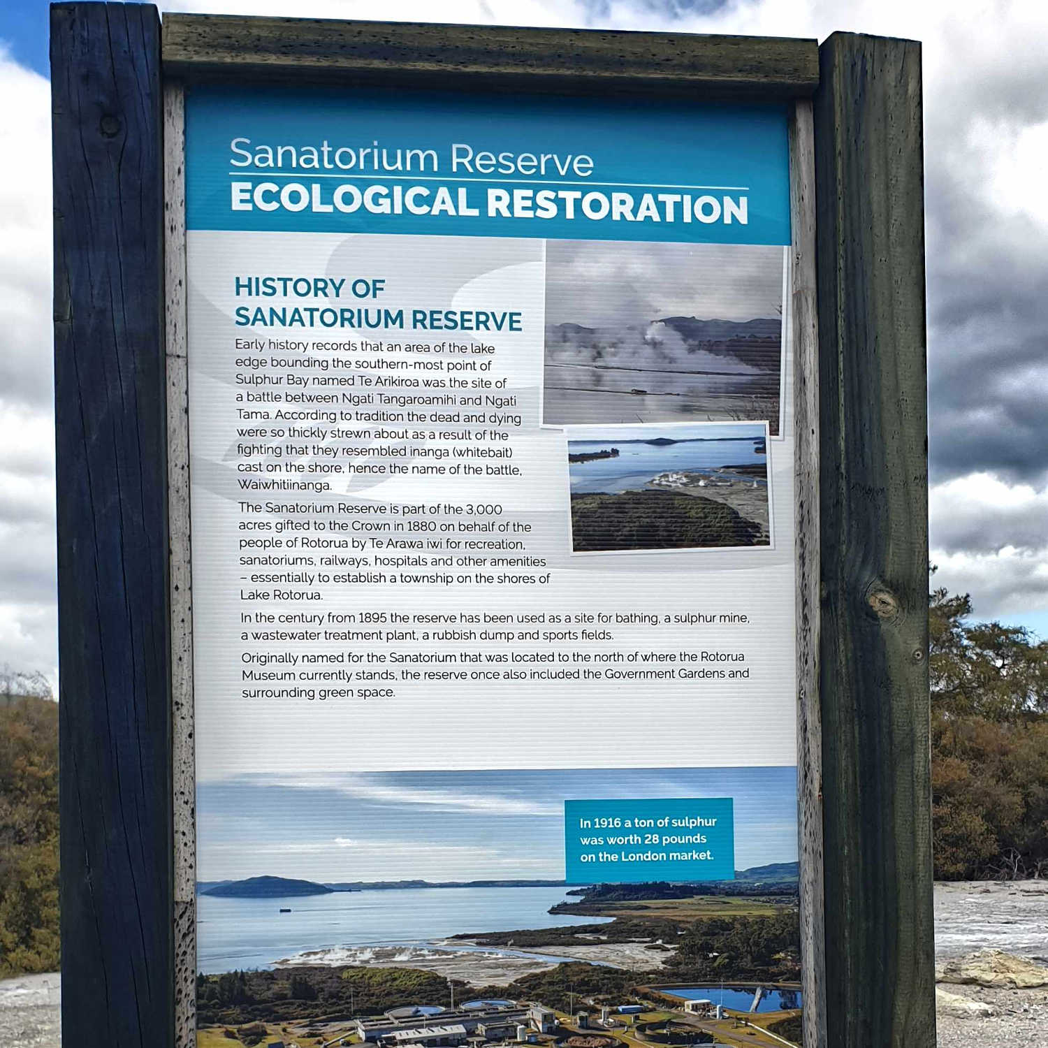 Sulphur Bay information plaque, Rotorua, New Zealand