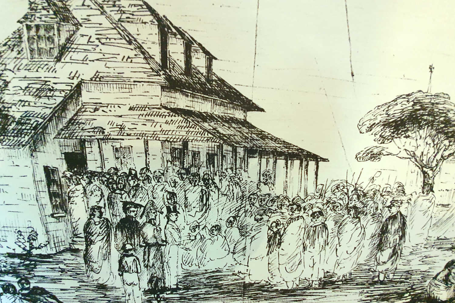 Te Waimate pen _ ink drawing of original settlement
