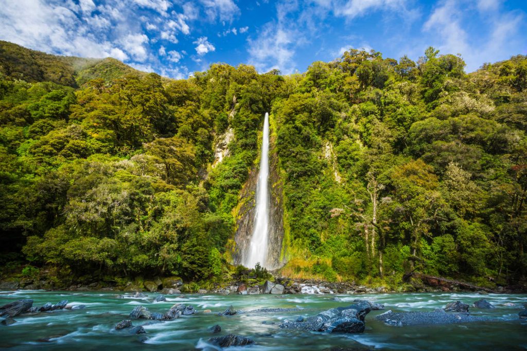 Thunder Creek Falls in Haast Pass, New Zealand