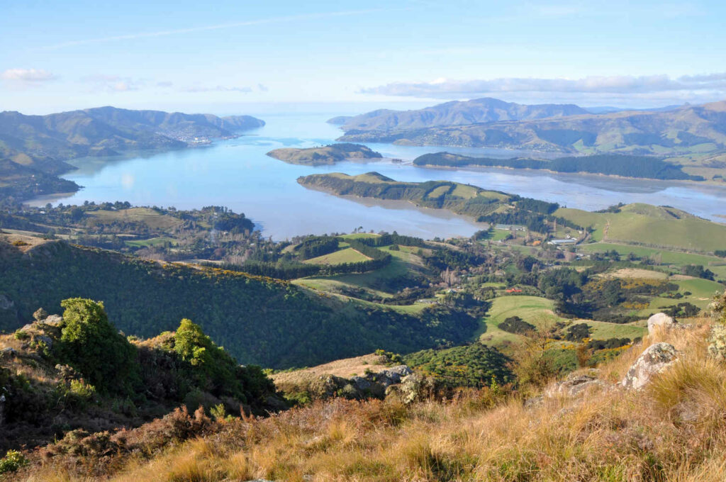 A panoramic view of Lyttleton Harbour at low tide from the top of the Christchurch Port Hills, Canterbury, New Zealand. In the background is the Port town of Lyttleton and the Pacific Ocean. In the foreground are Cass Bay, Govenors Bay, Teddington, Church bay