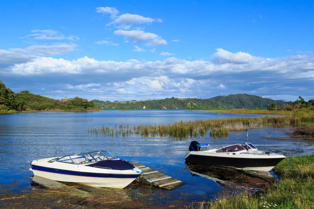 Boats in Lake Rotoma, New Zealand