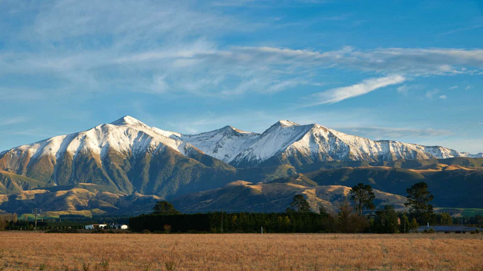 Mountain with snow and meadow at Springfield, West Coast, South Island, New Zealand
