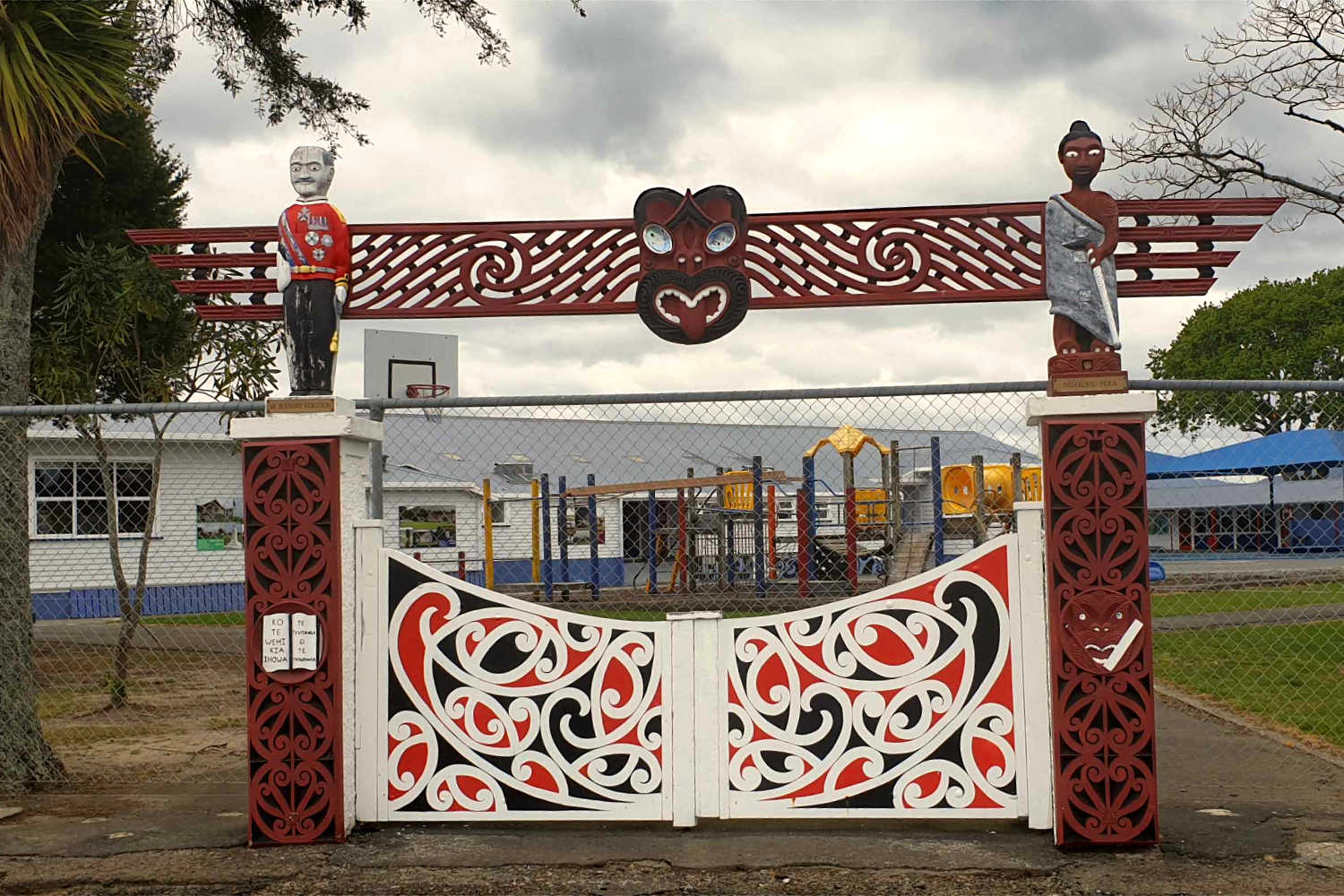 Opotiki Primary School entrance is a striking example of Maori interpretation