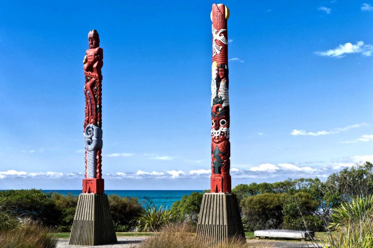 Waiotahi Beach carved Maori poles, Opotiki, Bay of Plenty, NZ