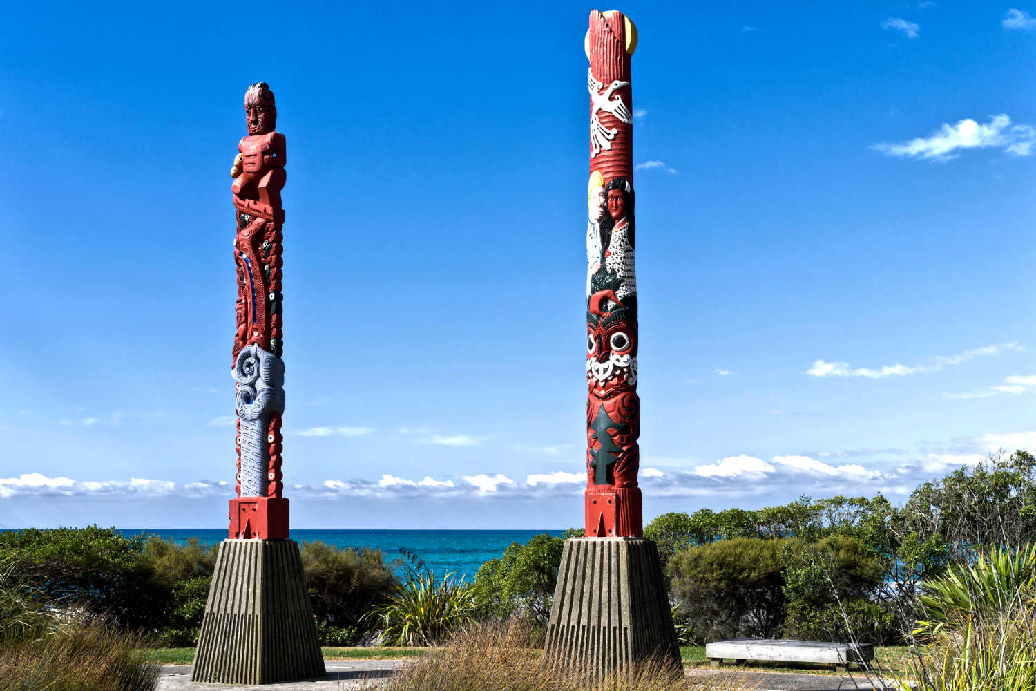 Waiotahi Beach carved Maori poles