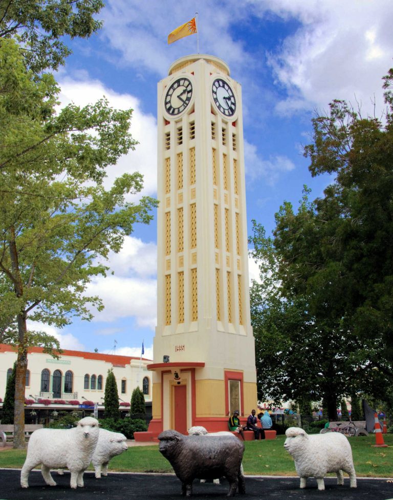 Clock tower with concrete sheep, Hastings, New Zealand