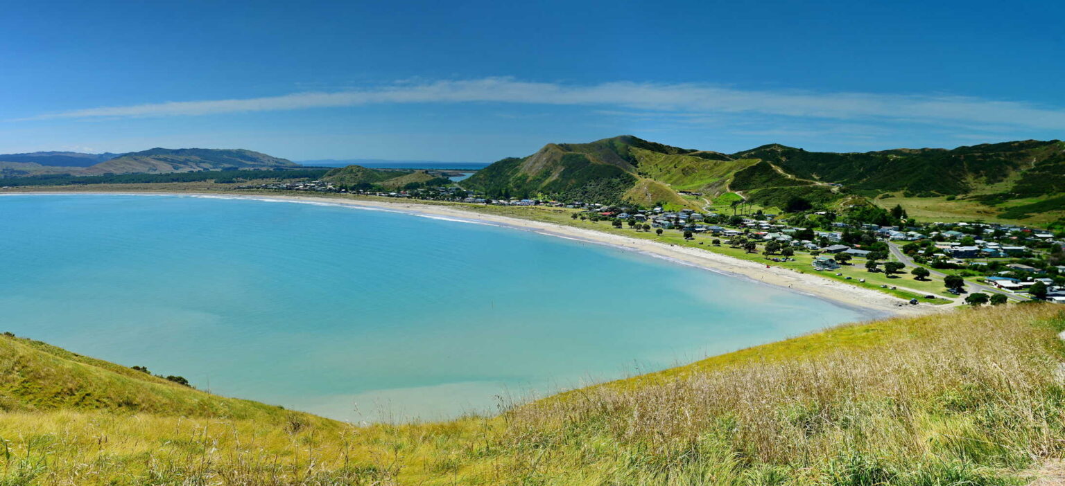 Scenic view of Mahia Bay from Mokotahi Lookout at Mahia in New Zealand