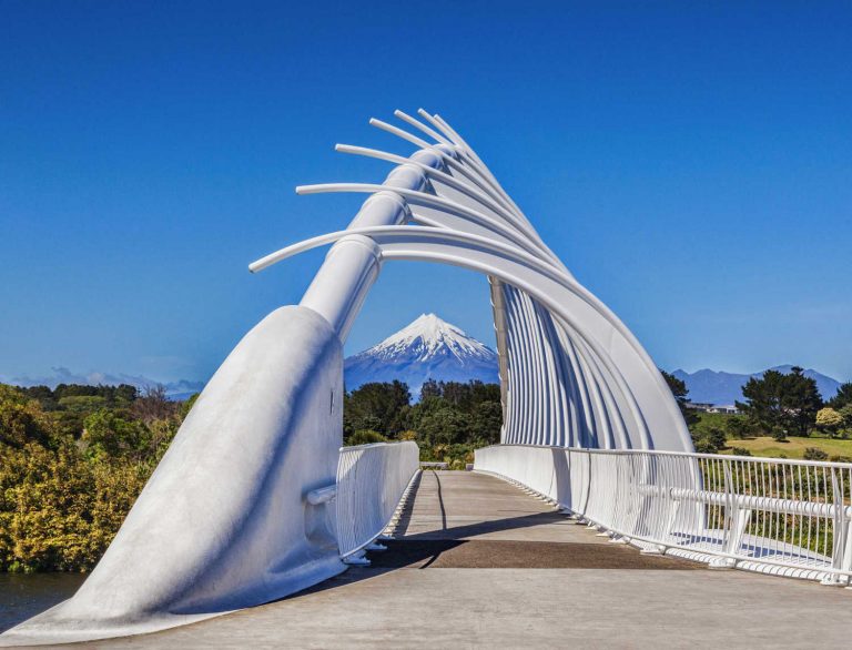 Te Rewa Rewa bridge framing Mt Taranaki, New Zealand