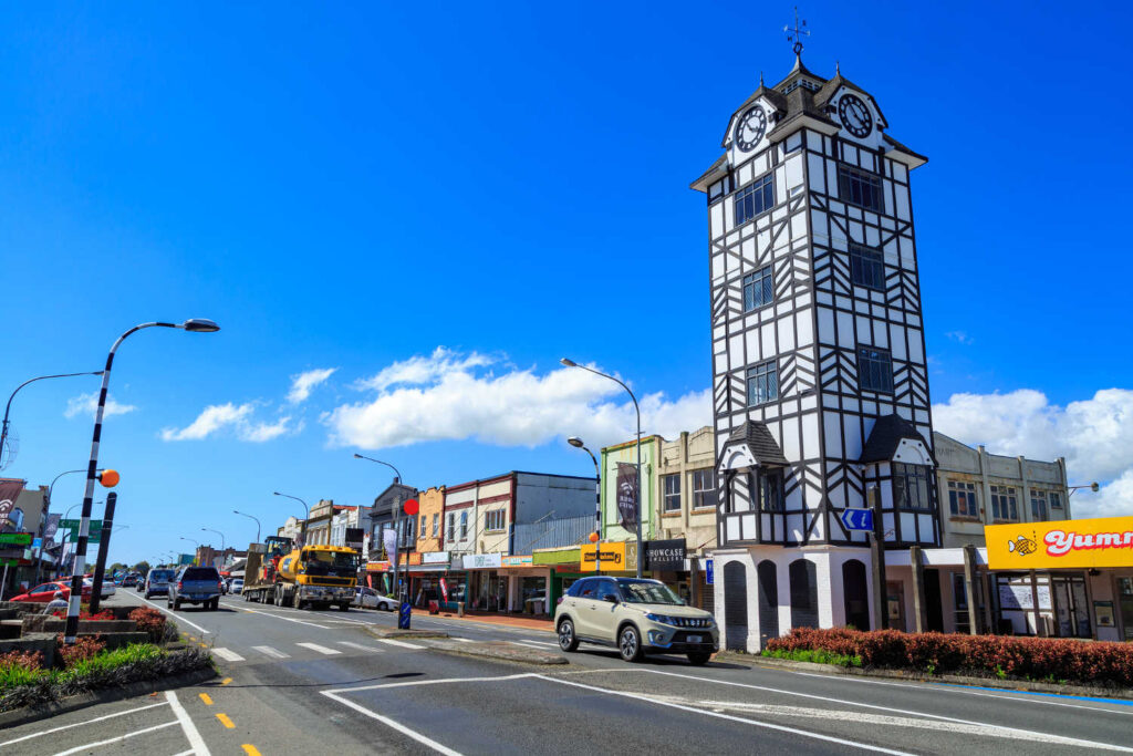 The Glockenspiel clock tower in Stratford, a town in the Taranaki Region, New Zealand