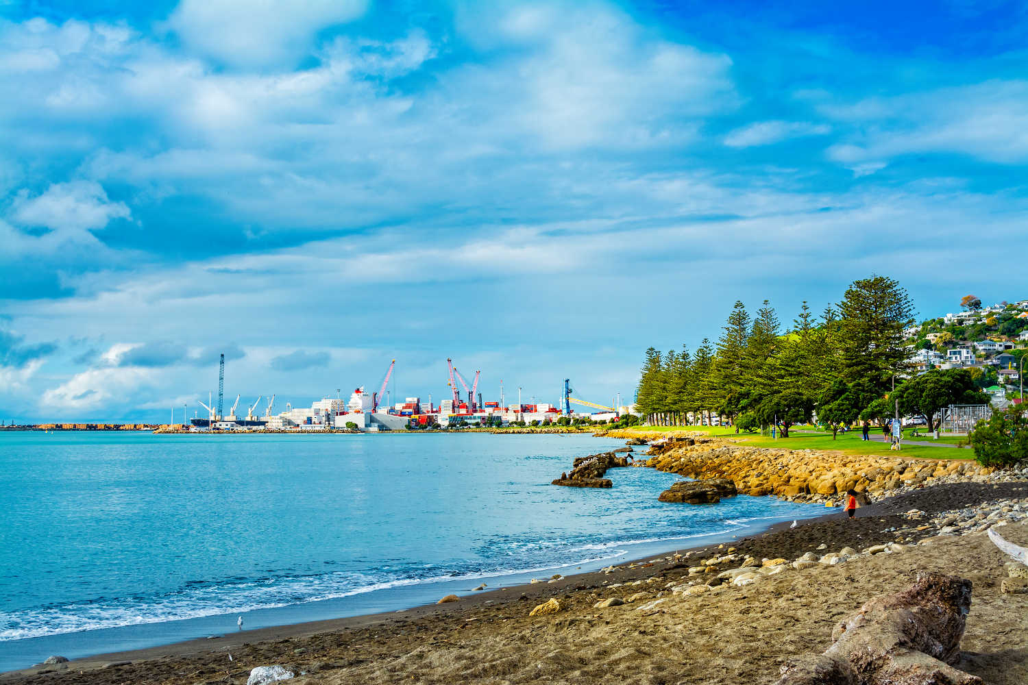 View along sandy beach and green waterfront promenade, with Port in background. Napier, New Zealand