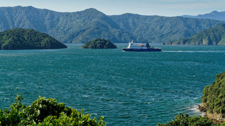 Inter island ferry, Bluebridge, heading to Picton. Viewed from Karaka Point, Marlborough Sounds, New Zealand